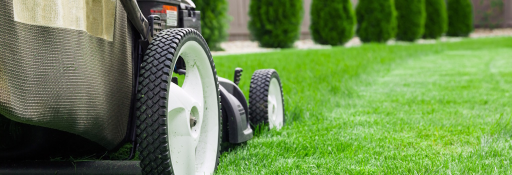 close up on mower mowing lawn