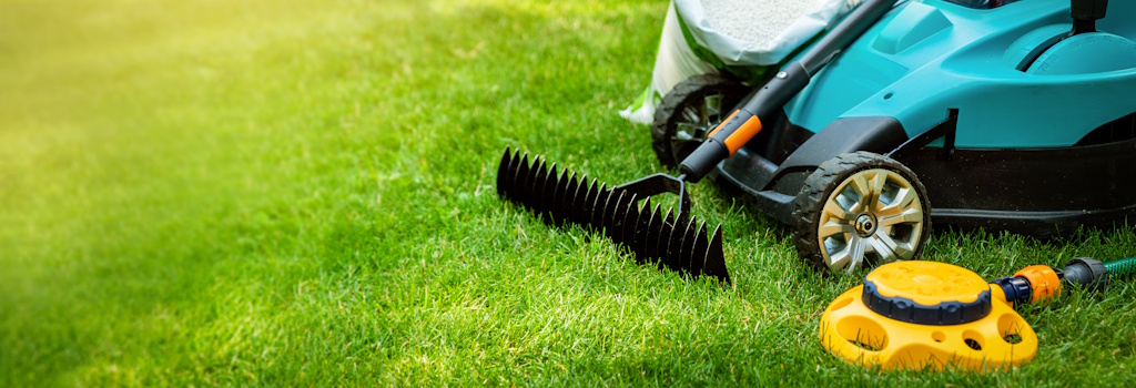 lawn care tools in grass